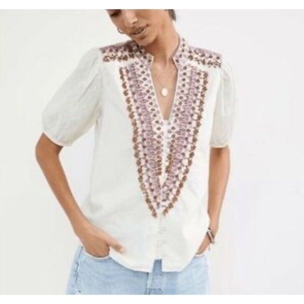 Anthropologie Popover Blouse Embroidered Beaded Hippie Boho Festival Sz Womens 8